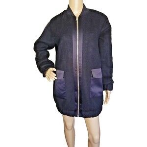 Topshop Jacket Womens Size 2 Wool Blend Coat Full Zip Satin Accents Dark Blue